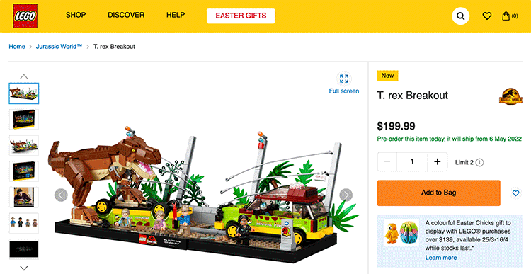 76956 T. Rex Breakout advertising page on lego.com