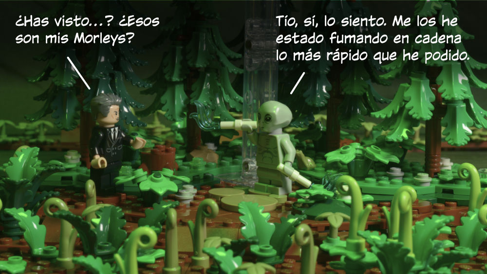 Smoking Man: ¿Has visto…? ¿Esos son mis Morleys? Alien: Tío, sí, lo siento. Me los he estado fumando en cadena lo más rápido que he podido.