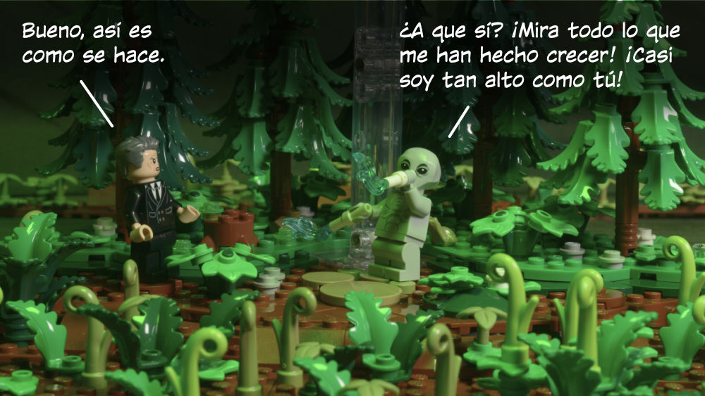 Smoking Man: Bueno, así es como se hace. Alien: ¿A que sí? ¡Mira todo lo que me han hecho crecer! ¡Casi soy tan alto como tú!
