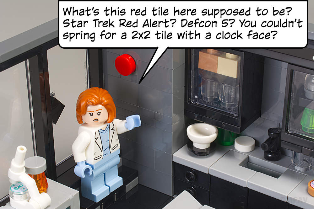 Scully: What’s this red tile here supposed to be? Star Trek Red Alert? Defocn 5? You couldn’t spring for a 2x2 tile with a clock face?