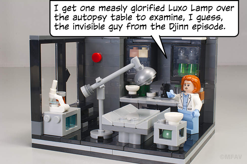 Scully: I get one measly glorified Luxo Lamp over the autopsy table to examine, I guess, the invisible guy from the Djinn episode.