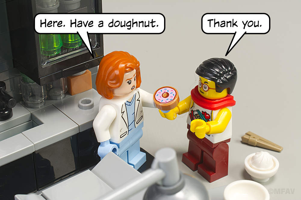 Scully: Here, Have a doughnut. Mr. Tang: Thank you.